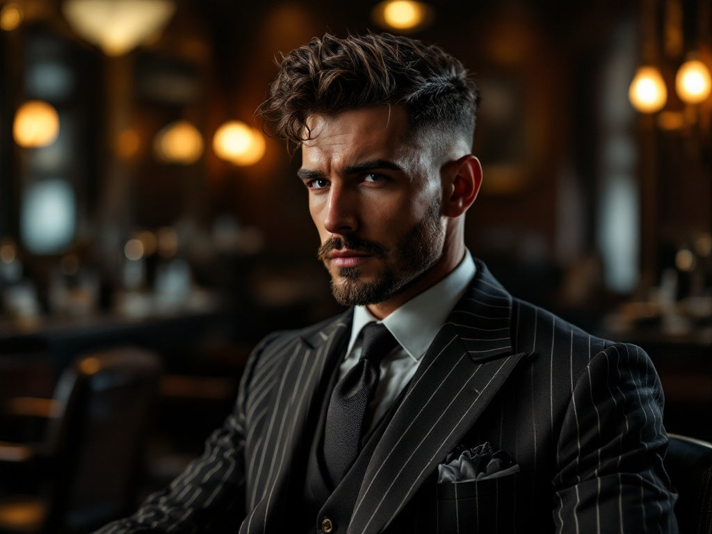 Professional men's textured hairstyling with mobster-inspired aesthetic