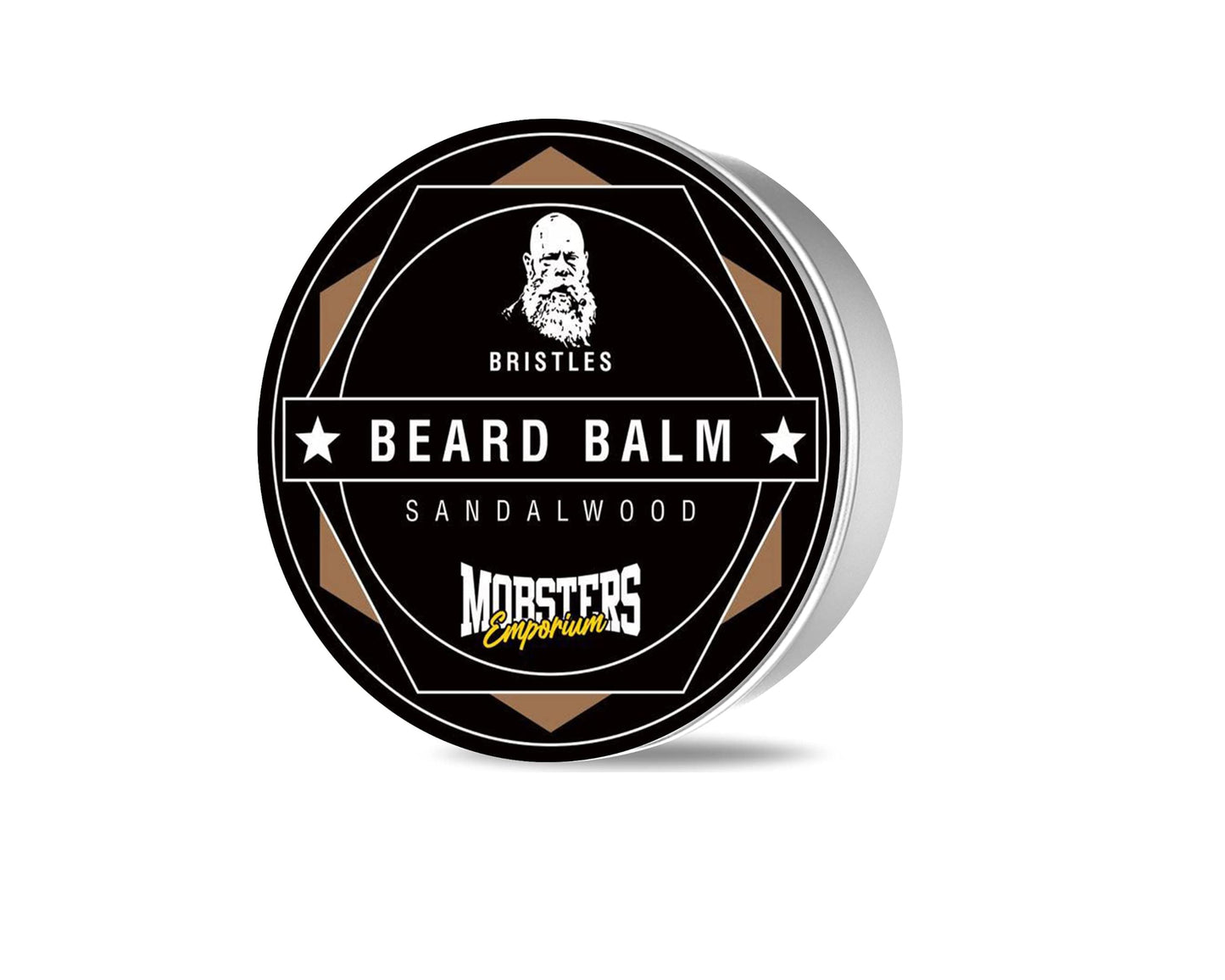 A round tin container of Bristles Beard Balm Sandalwood with a label that includes the product name and the 'Mobsters' brand logo.