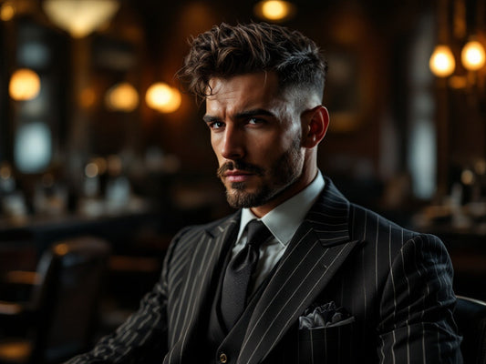 Professional men's textured hairstyling with mobster-inspired aesthetic